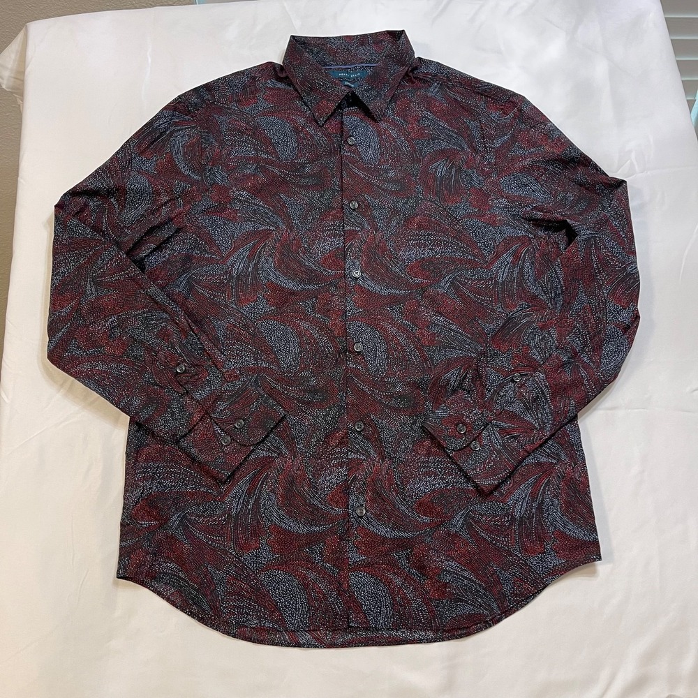 Perry Ellis Men's Large Stretch Button Front Dress Shirt Red Black Abstract
